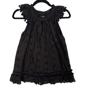 J Crew Womens XS Black Eyelet Pom Pom Top Ruffle Sleeveless Cotton Poplin Blouse